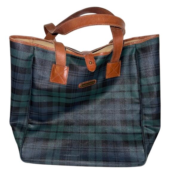 VINTAGE RALPH LAUREN Black Watch Waxed Leather Coated Canvas Overnight Bag - Picture 1 of 6